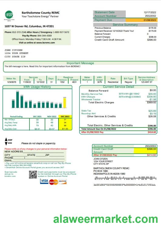 USA Indiana Bartholomew County REMC utility bill template in Word and PDF format
